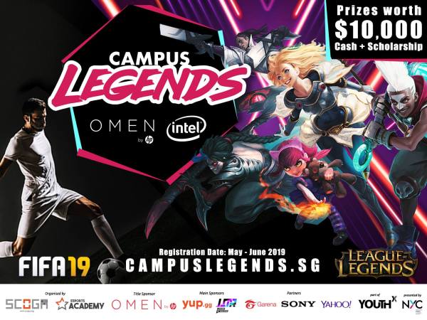 SCOGA's promotional poster for Campus Legends 2019 for the games League of Legends and FIFA 19.