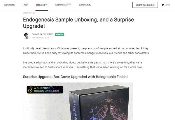 A screenshot of an update on the Kickstarter campaign of Singaporean board game 'Endogenesis'.