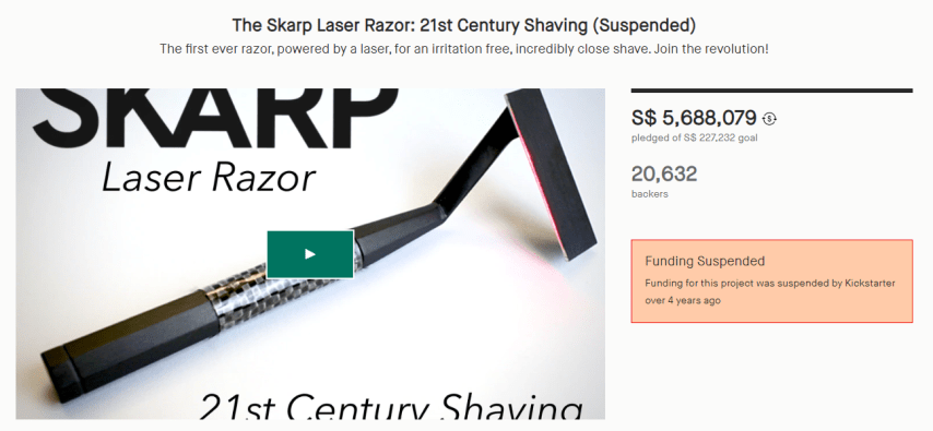 The SKARP Laser Razor is an example of a project that got suspended on Kickstarter due to the lack of an actual prototype, despite preaching groundbreaking technology. Ambitious?