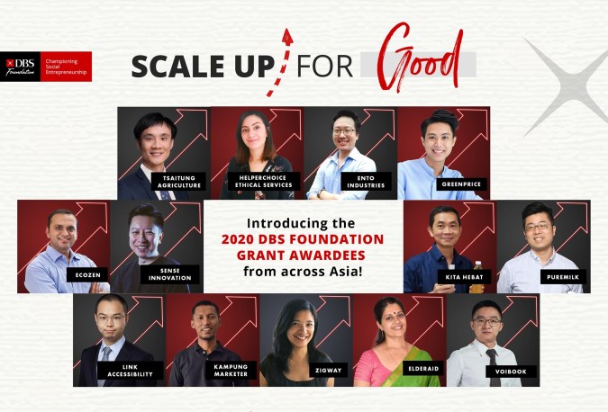 A DBS Foundation poster features the 2020 DBS Foundation Grant awardees from across Asia, including Singapore-based social enterprise, Zigway and Ento Industries.