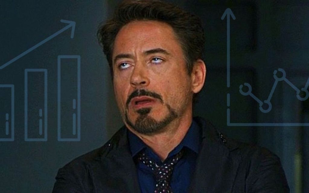 Robert Downey Jr. as Iron Man rolls his eyes at the thought of accounting, depicted by graphs.