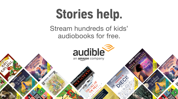An Audible banner featuring children's audiobooks, which are available for streaming for free.