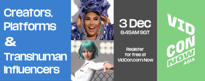 A VidCon Now Asia event banner features event guests, Patrick Starr and the AI bot, Kuki.