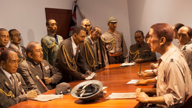 The historical re-enactment of the surrender at the Ford Motor Factory Boardroom can be viewed at Fort Siloso Sentosa.
