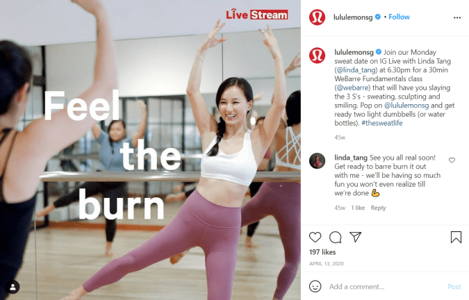 Lululemon SG hosted livestream sweat session classes for their followers during circuit breaker.