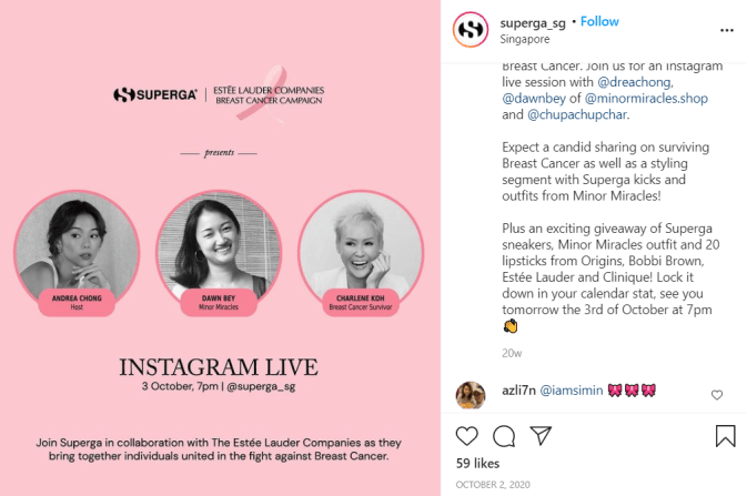 Superga and The Estee Lauder Companies collaborated for an IG live talk to raise breast cancer awareness.