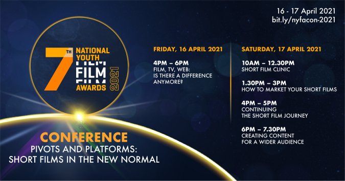 Singapore's National Youth Film Awards 2021 Conference banner, featuring the full programme lineup.