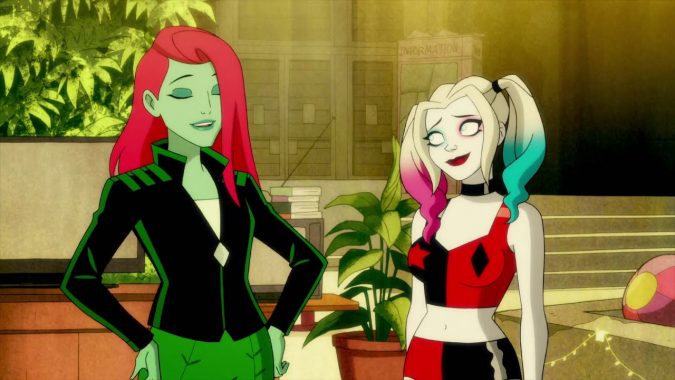 Screenshot of friends-turned-lovers Poison Ivy and Harley Quinn in the animated TV series, which was praised for their meaningful representation of queer narrative.