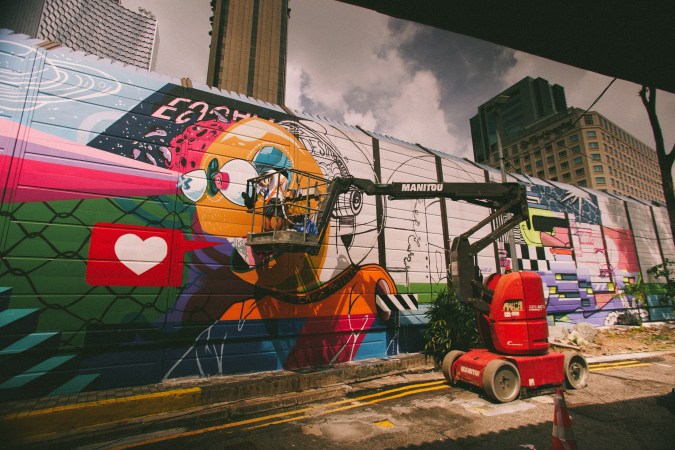 ZERO is pictured working on the remote collaboration piece with Stereoflow at Hall of Fame @ Kampong Gelam.